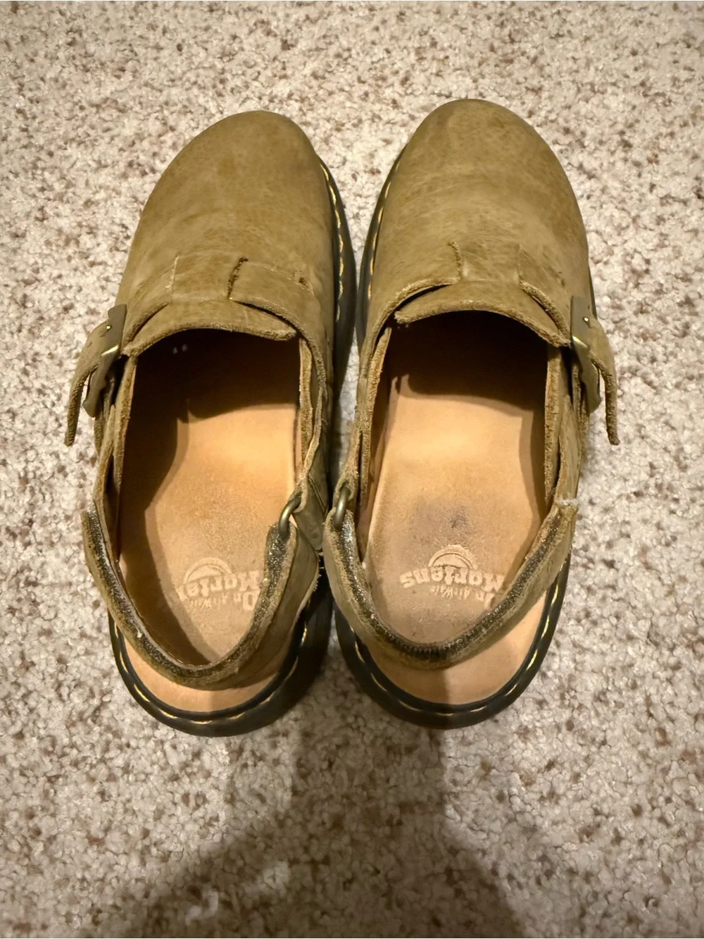 Dr. Martens Olive Green Leather Buckle Clogs with Yellow Stitching